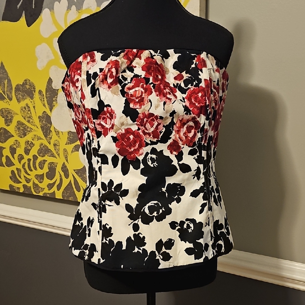 White House Black Market Red & Black Floral Strapless Camisole